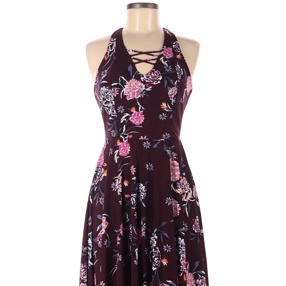 Juniors Dress XL Midi Calf Length Floral Wine Pink Burgundy Boho Summer Halter